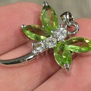 Vintage Dragonfly Crystal Pendant  750 Gold Plated Green Rhinestone charm NOS